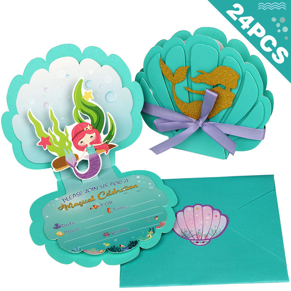 24pcs Mermaid Party Invitations, 3D Pearlescent Mermaid Birthday Party Supplies with Envelopes for Kids Girls Birthday Wedding Baby Shower Pool Mermaid Themed Party Supplies | AerWo