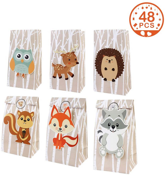 48pcs Woodland Party Favor Bags, 3D Animal Party Bags with Thank You Stickers for Kids Woodland Creatures Baby Shower Birthday, Woodland Party Supplies |AerWo